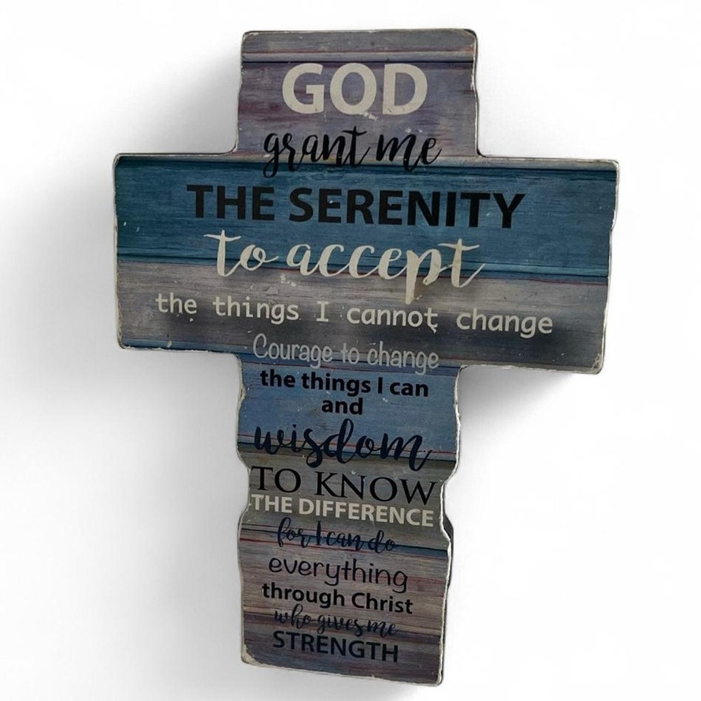 Lighthouse Christian Blue Gray Distressed Faux Wood Tabletop Cross Figurine